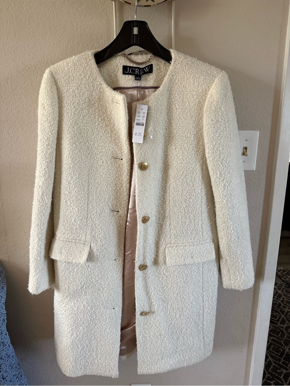 J. Crew Cream Bouclé Single-Breasted Coat with Gold Buttons - Picture 1 of 6